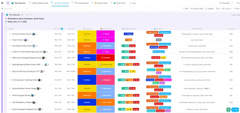 Be more organized in your upcoming travel by using ClickUp's Trip Planner list template. Capture all the important information regarding your upcoming travel.