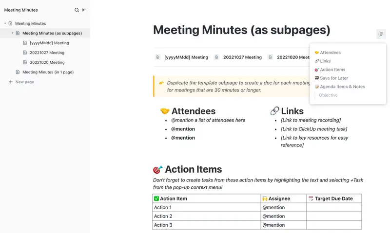 Create and maintain structure with this simplified Meeting Minutes template. Record and tag your attendees, take detailed meeting notes for each agenda item, and organize action items!