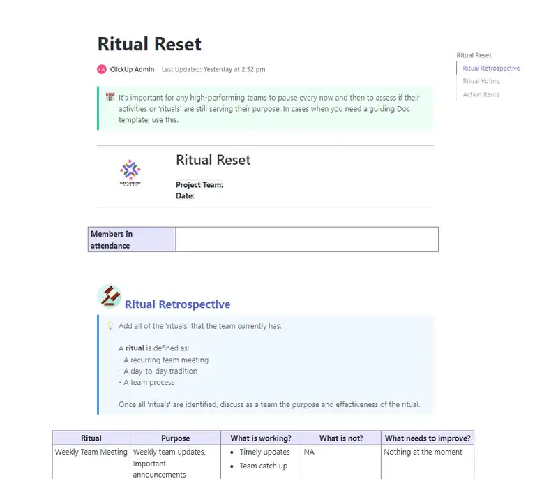 
It's important for any high-performing teams to pause every now and then to assess if their activities or 'rituals' are still serving their purpose. In cases when you need a guiding Doc template, use this.