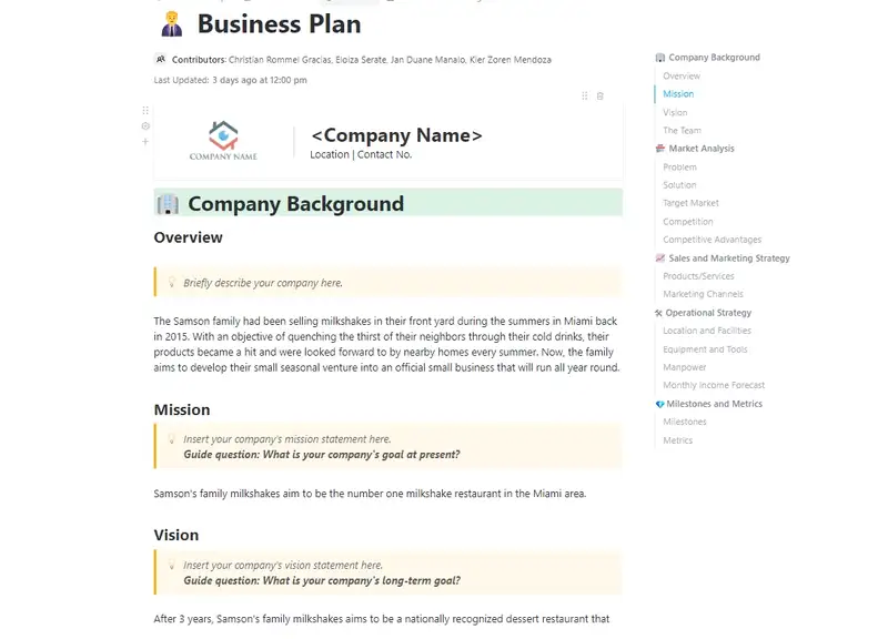 This business plan template contains all the necessary information to be identified when starting a business venture. Fill up all the required fields to visualize your business plan.