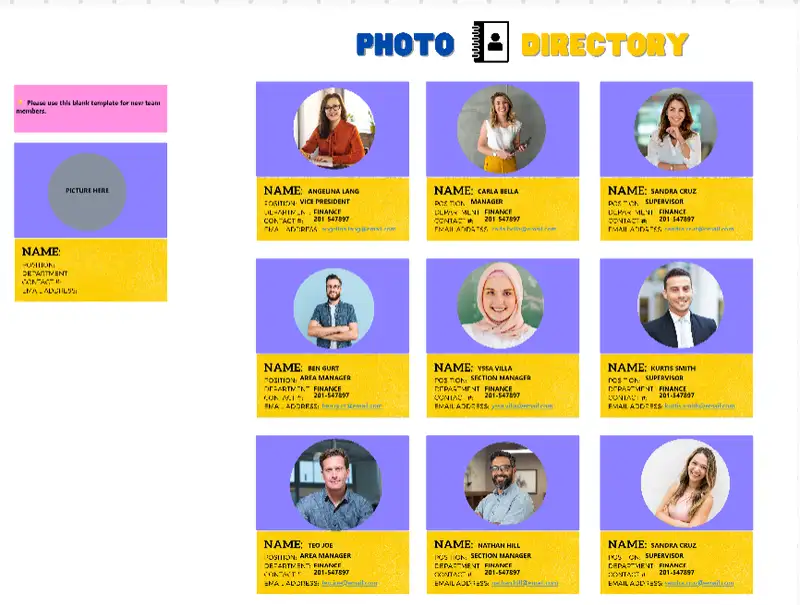 Photo Directory template is a diagram showing the pictures and basic information of team members. It may contain the Full Name, Contact #, Position, Department, and email address.