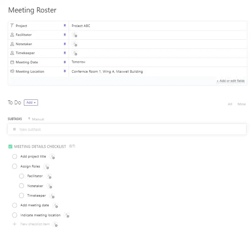 Keep your business efficient and organized with a customizable template for the meeting roster. Indicate your meeting details and manage information for your attendees.