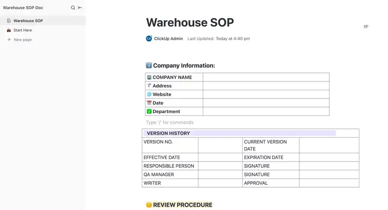 Order and routine are important in any warehouse, but if your facility handles regulated material, well-considered procedures may be necessary for compliance. Use this SOP template doc to detail approved vendors and processes for ordering material, catalog where shipments are received, document how deliveries should be verified before acceptance, and keep track of how paperwork (such as packing slips and labels) is processed.