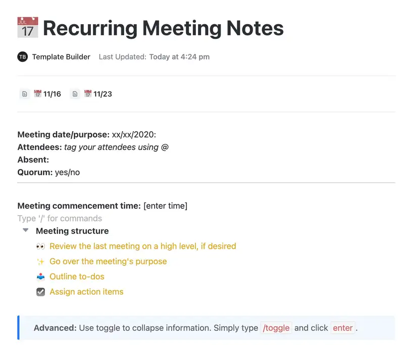   Manage agenda items, review the last meeting on a high level, outline to-dos and assign action items