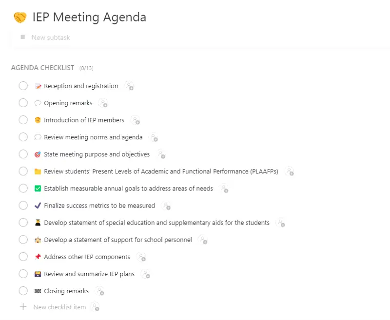 Individualized Education Program (IEP) Meeting Agenda helps you organize your IEP meeting as smoothly as possible. Make sure nothing falls into the cracks and you are on the track as you facilitate your meeting for children with special needs.