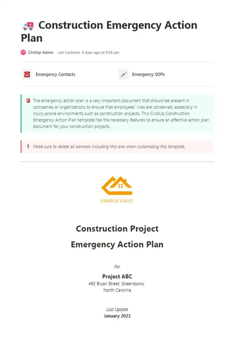 An emergency action plan is a very important document that should be present in companies or organizations to ensure that the lives of the employees are conserved, especially in injury-prone environments such as construction projects. This ClickUp Construction Emergency Action Plan template is equipped with the necessary features to ensure an effective action plan document for your construction projects.