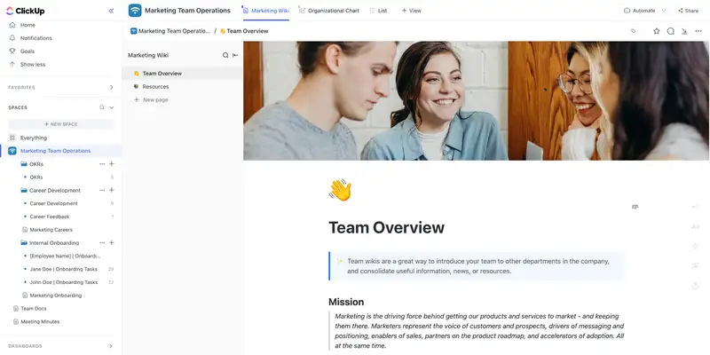 It takes a lot to run a stellar marketing team. This template can help you get started with setting up your operations in ClickUp. It includes creating team OKRs, supporting career development of your team members, onboarding new team members, and example docs for defining your marketing processes.