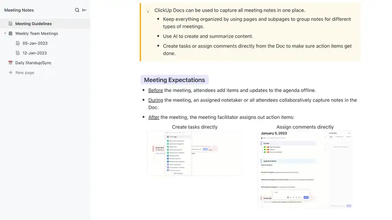 This template keeps your team's discussions on track with meeting guidelines and structures for capturing an agenda, notes, and action items. Whether it's for a detailed weekly team meeting or a quick daily standup, this template makes sure every meeting is productive and well-documented.