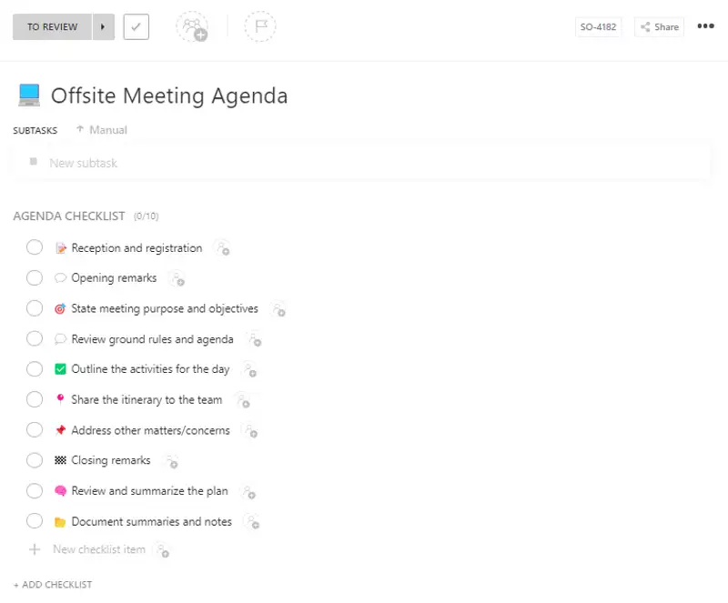 An offsite meeting agenda can help you get the most out of your meeting and make it more productive by breaking it down into specific topics. Use this template to start meeting planning, get everyone on the same page, and ensure everyone comes prepared in a new meeting setup.