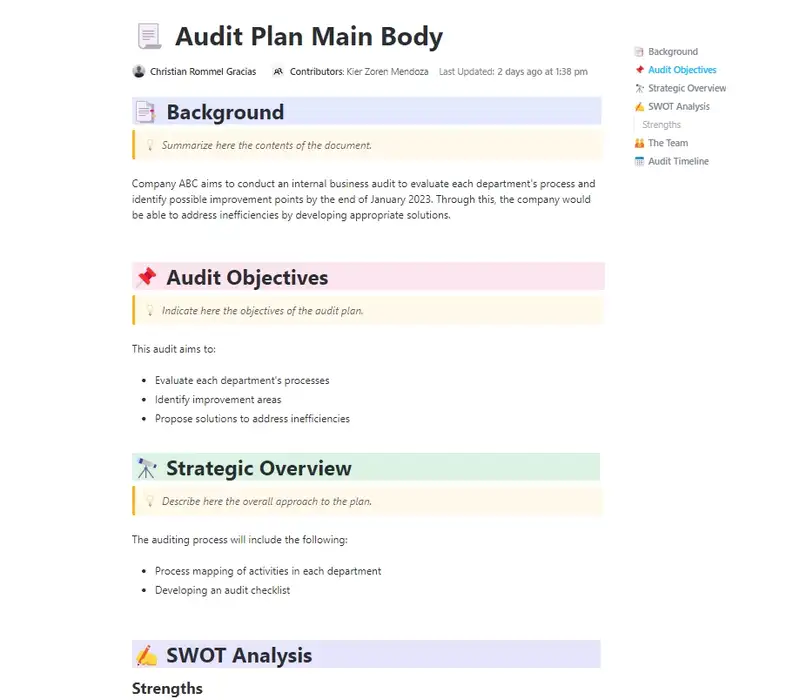 Preparing for an audit in your company? Use this ClickUp Audit Plan template to help you build a plan for your auditing needs.