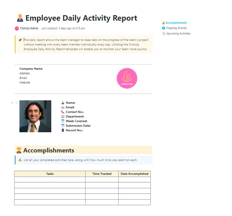 The daily report allows the team manager to keep tabs on the progress of the team's project without having to meet with every team member individually every day. Utilizing the ClickUp Employee Daily Activity Report template will enable you to monitor your team more quickly.