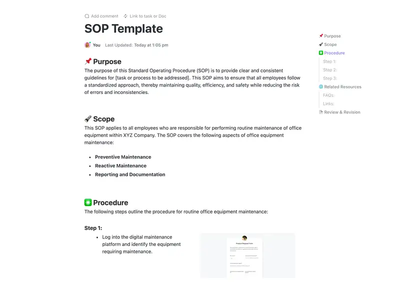 The SOP template streamlines the process of developing and introducing standardized procedures throughout your organization. It offers a concise overview and clearly outlines each essential component in a user-friendly format, promoting consistency and efficiency across your team.
