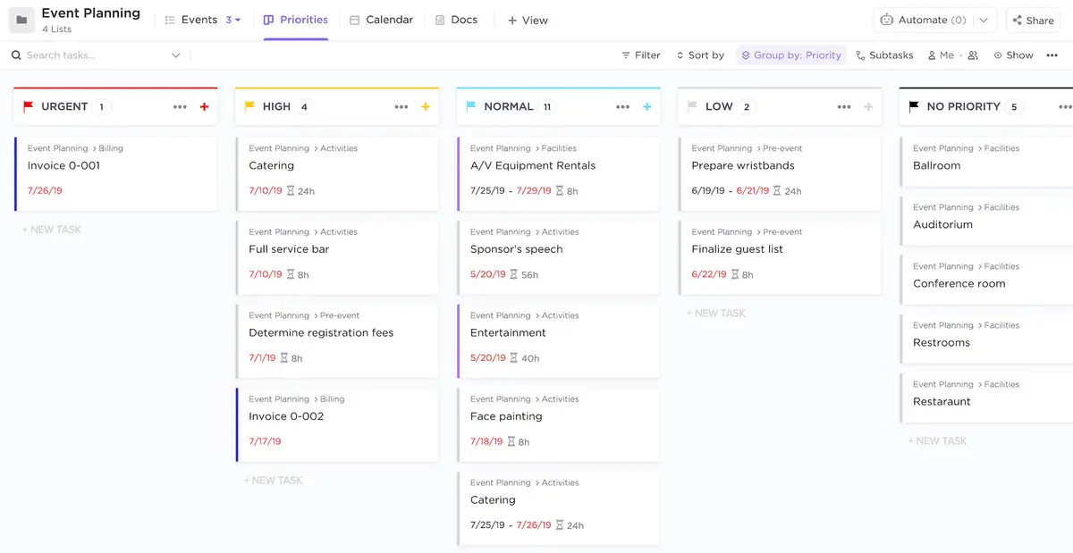 Events Planning template Board view