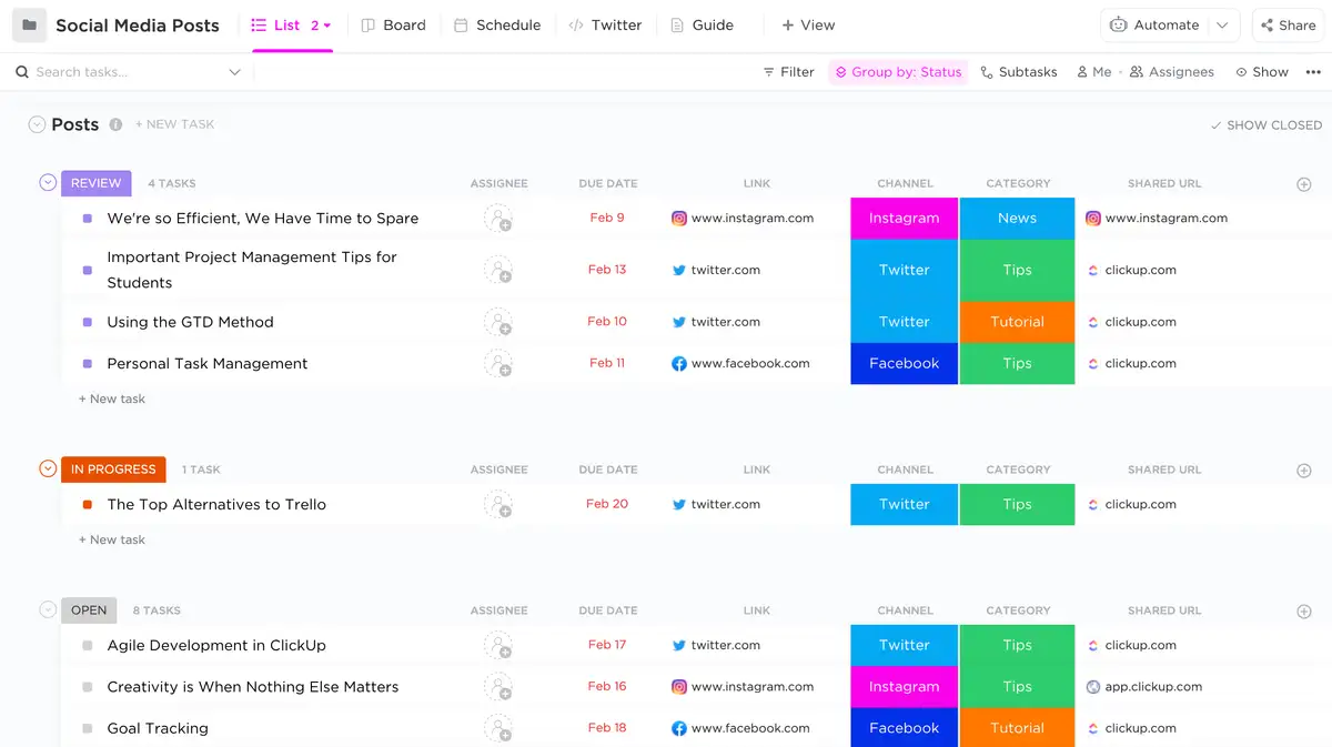 social media posts template list view