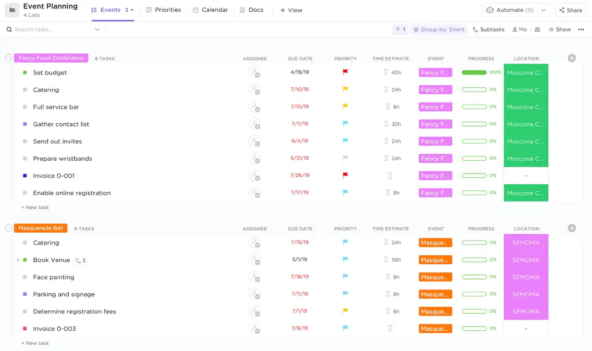 Events Planning template List view