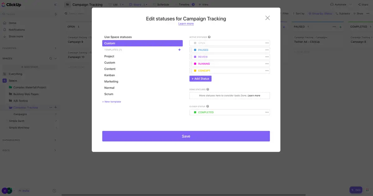 campaign tracking template custom statuses