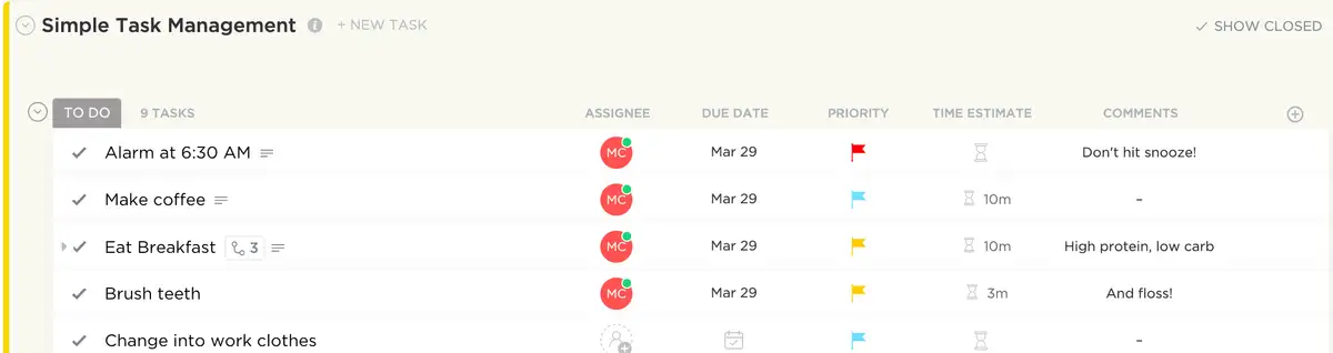 simple task management template custom fields