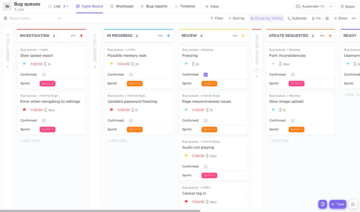 Bug Queues template Board view