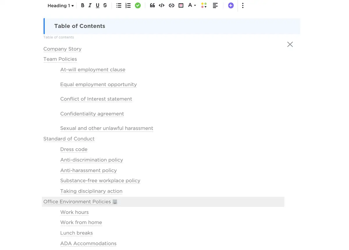 Employee Handbook template Table of Contents