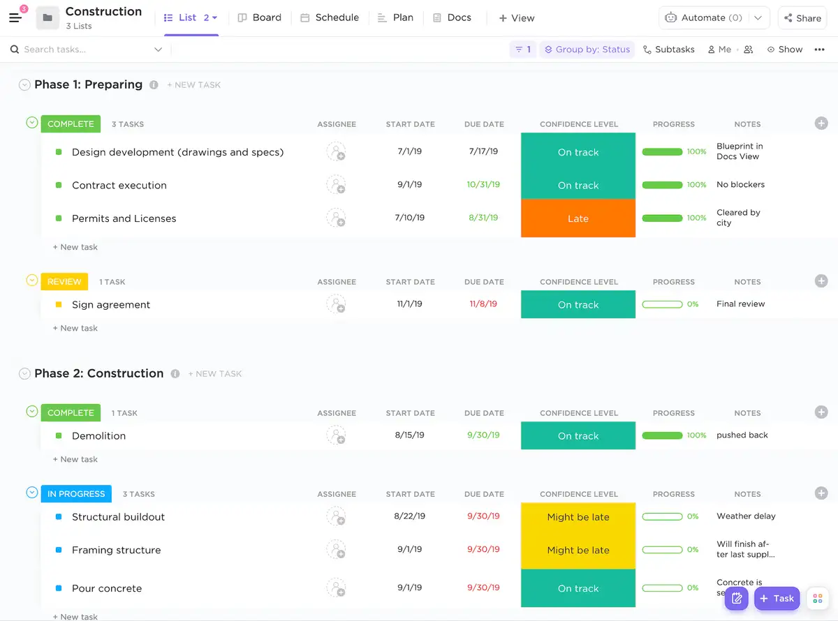 Construction Management template List view