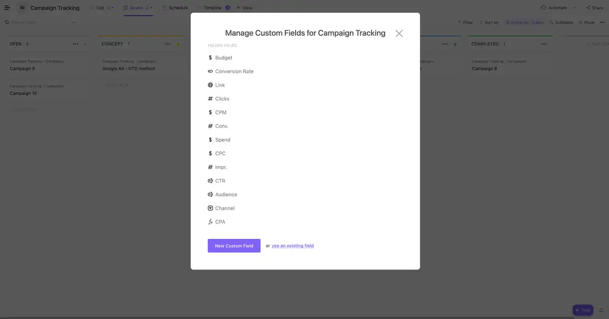 campaign tracking template custom fields