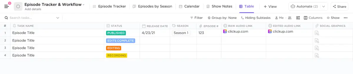 Podcasting (without guests) template Table view