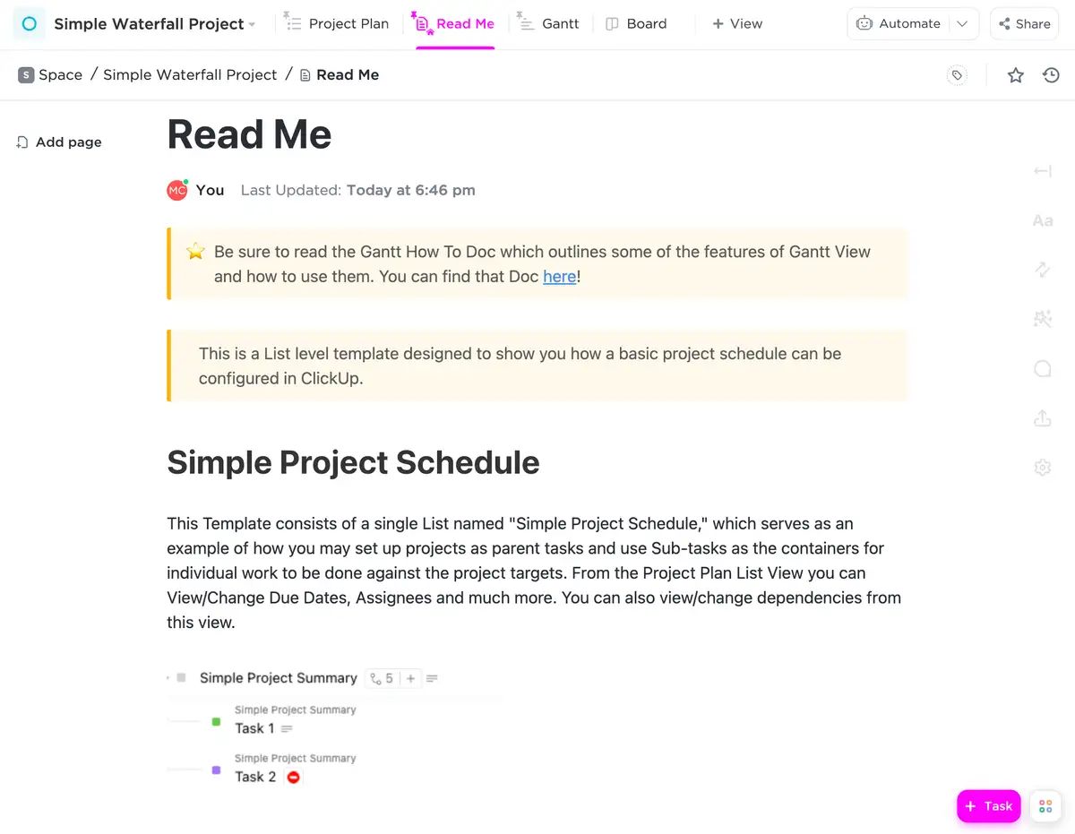 simple waterfall project management template doc view