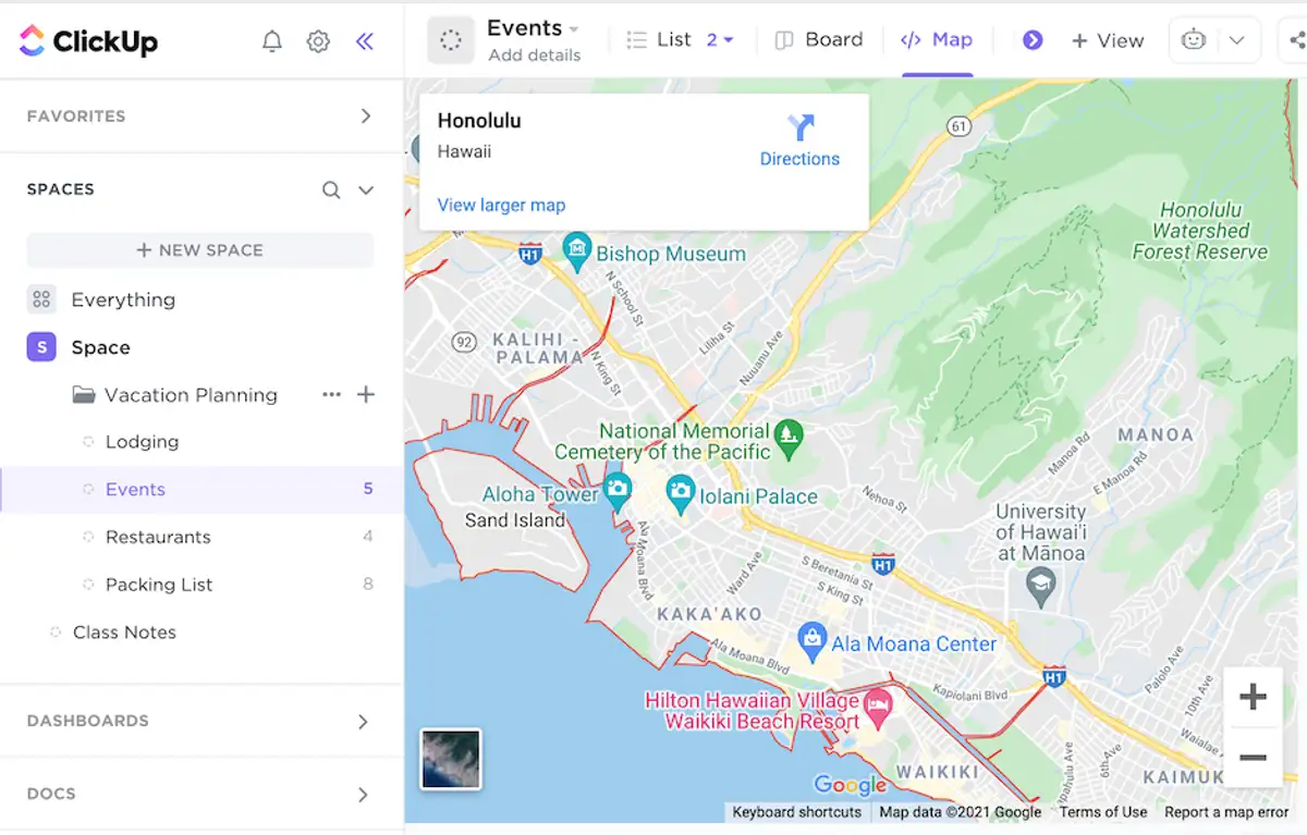 map view in vacation planning template