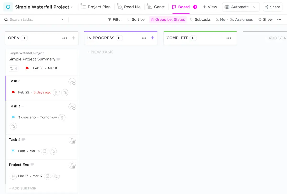 simple waterfall project management template board view