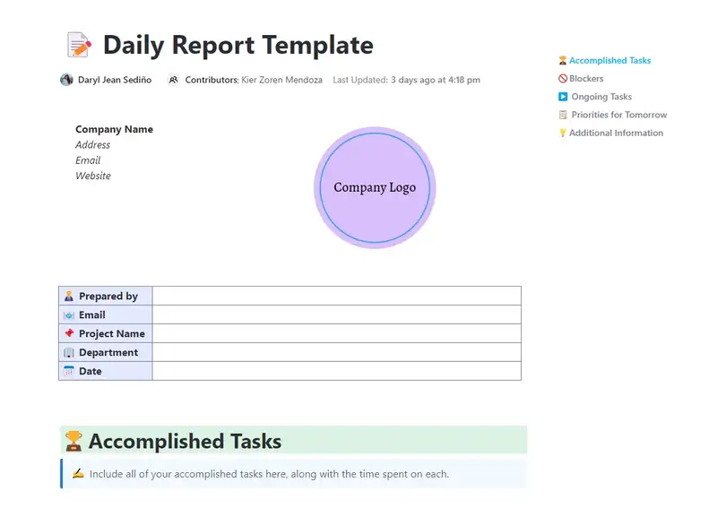 Using the Daily Report Template from ClickUp, you can stay updated on each team member's daily progress. This can assist in keeping track of whether all tasks are completed on schedule or if there are delays holding up the project.