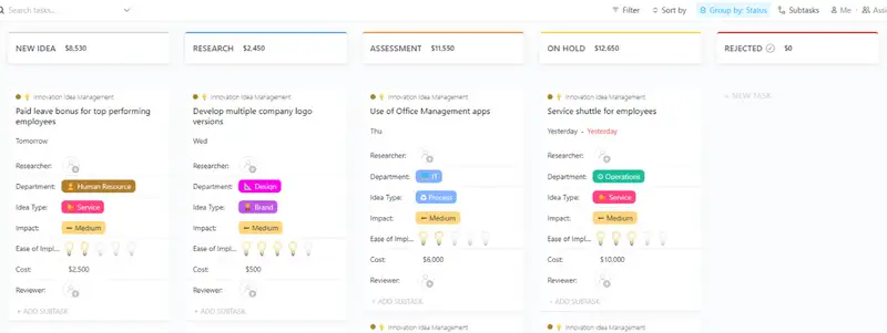 Thinking of how to manage multiple innovation ideas of your team members? Worry no more as ClickUp got you this template equipped with all the necessary features that will help you efficiently and effectively manage innovation ideas.