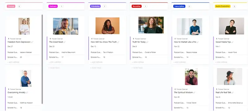 If you lack organization, running a podcast can be quite challenging. It is very helpful to have a podcast template to manage your podcast. ClickUp' Podcast Calendar Template can assist you in keeping track of every aspect of producing a top-notch podcast.