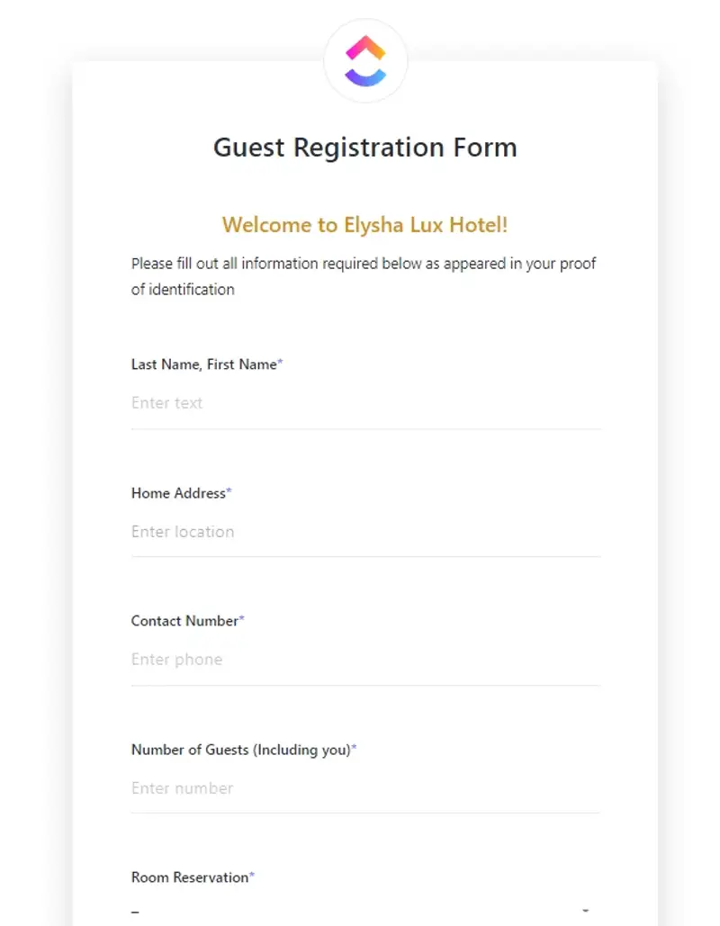 Capture a complete and accurate picture of your guests with our Guest Registration Form. Simplified, yet convenient, this system makes it easy to input all the information you need to know about your guests. Use one of our customizable templates or design your own to help track your guest’s arrival and departure dates.