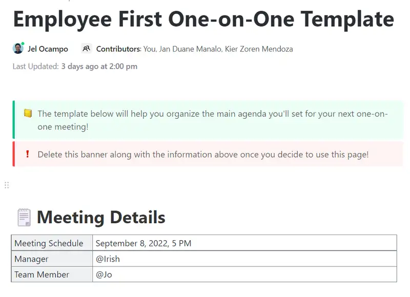 Start your one-on-one with your direct reports by using this template! This captures topics and action items to facilitate impactful conversations with your team.